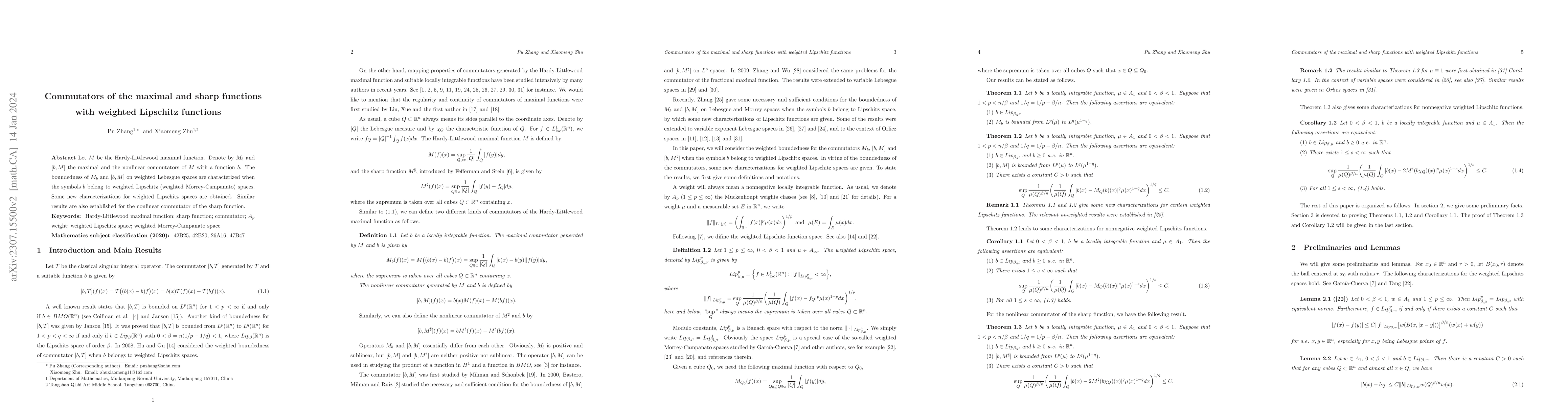 Thumbnail for Commutators of the maximal and sharp functions with weighted Lipschitz
  functions