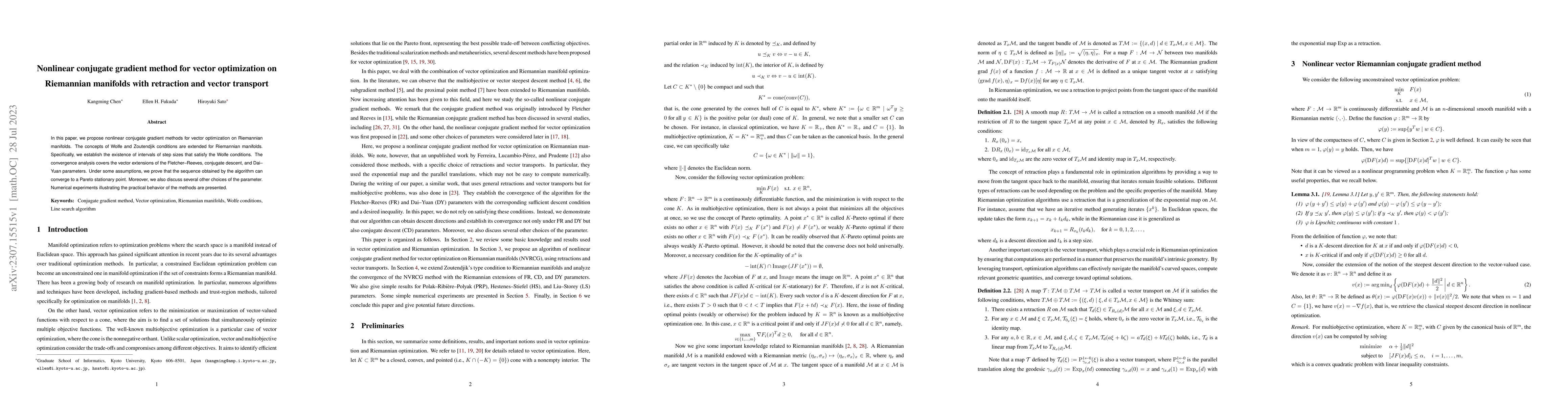 Thumbnail for Nonlinear conjugate gradient method for vector optimization on
  Riemannian manifolds with retraction and vector transport