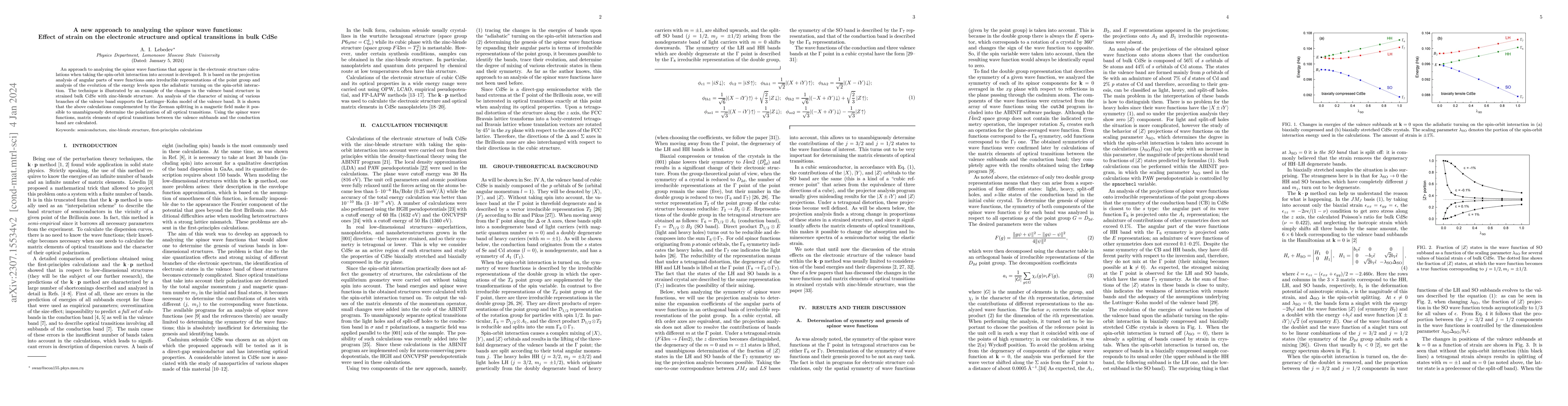 Thumbnail for A new approach to analyzing the spinor wave functions: Effect of strain
  on the electronic structure and optical transitions in bulk CdSe