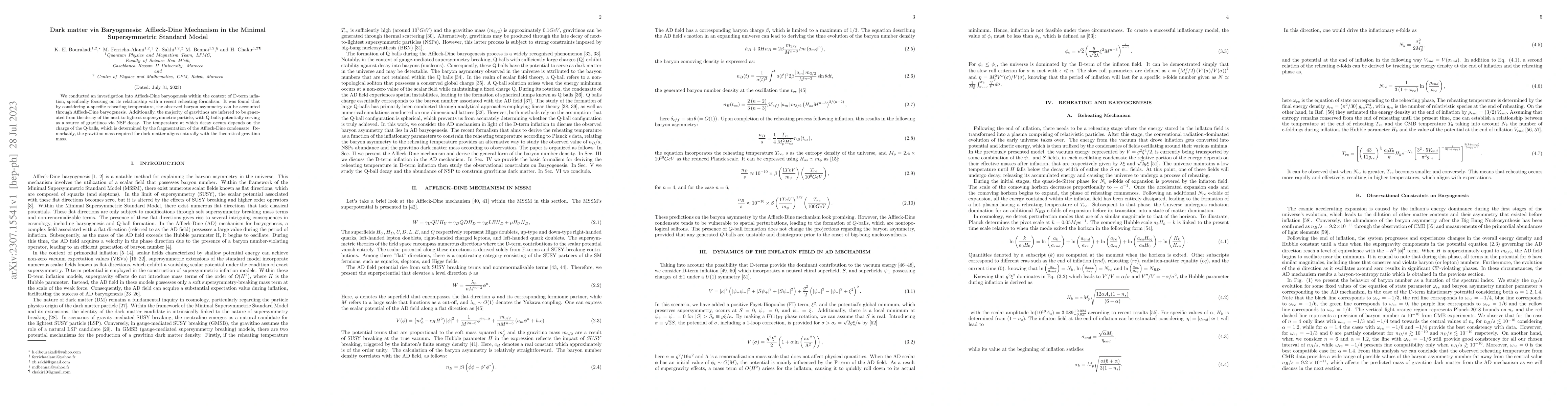 Thumbnail for Dark matter via Baryogenesis: Affleck-Dine Mechanism in the Minimal
  Supersymmetric Standard Model