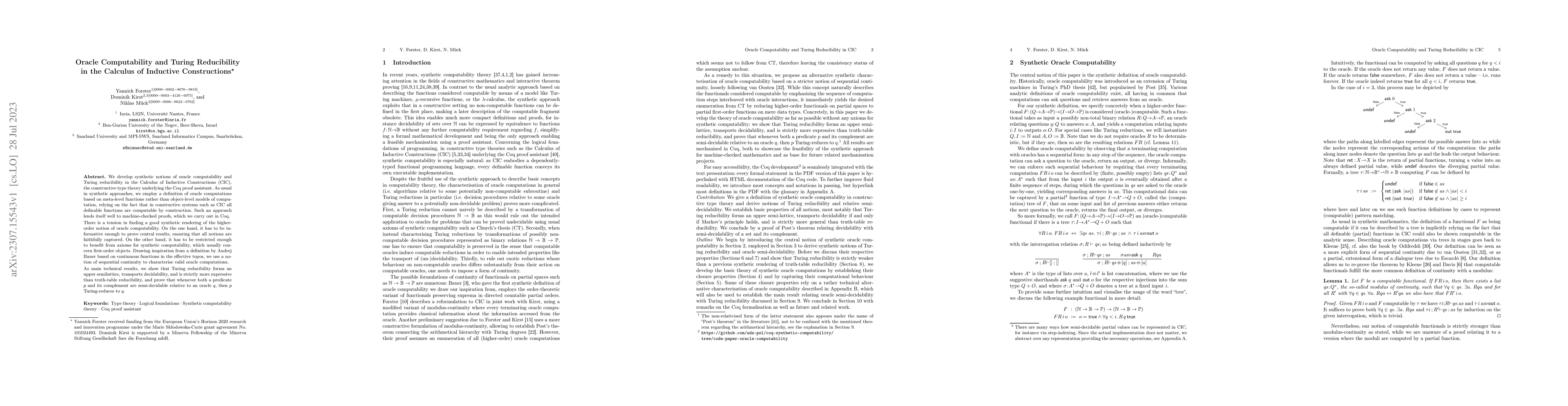 Thumbnail for Oracle Computability and Turing Reducibility in the Calculus of
  Inductive Constructions