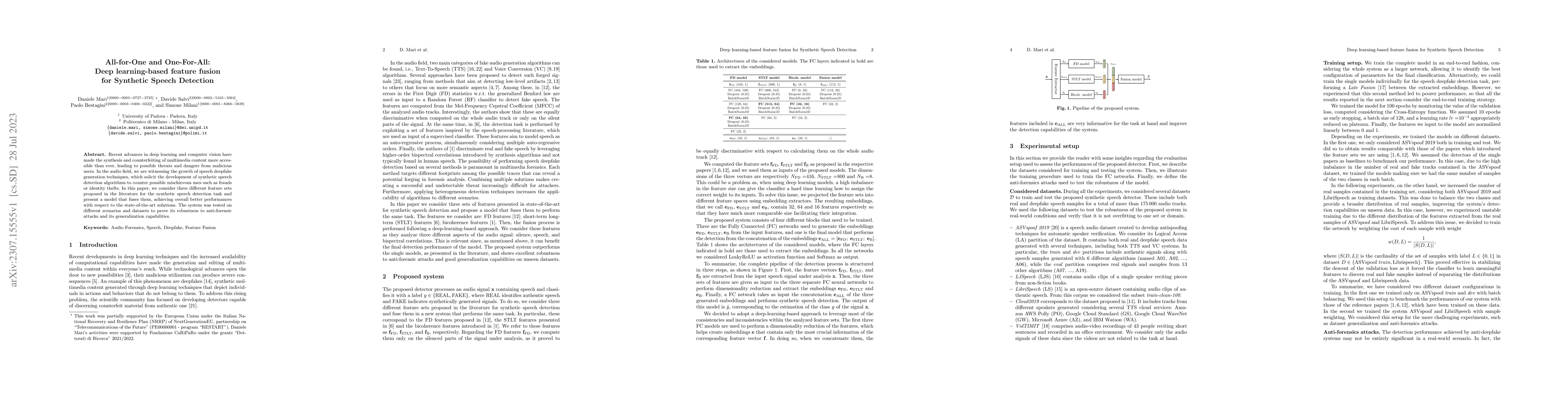 Thumbnail for All-for-One and One-For-All: Deep learning-based feature fusion for
  Synthetic Speech Detection