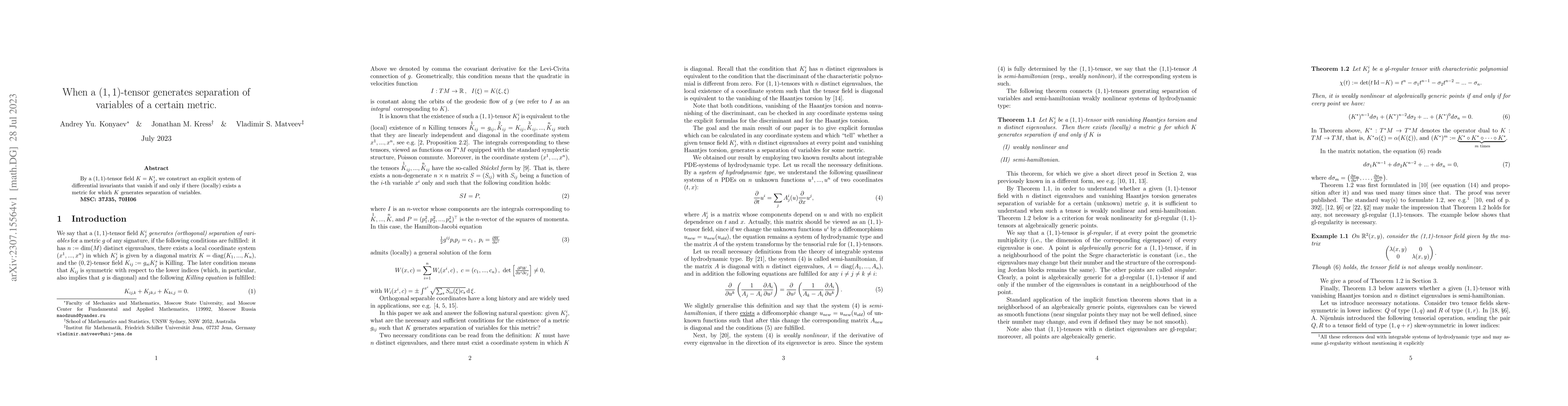 Thumbnail for When a $(1,1)$-tensor generates separation of variables of a certain
  metric