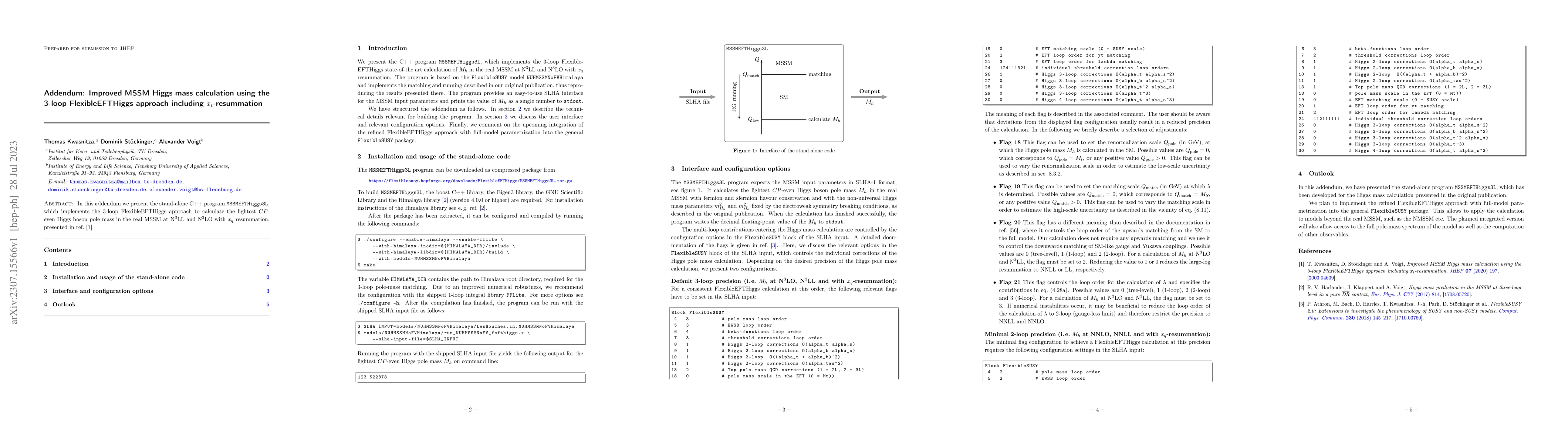 Thumbnail for Addendum: Improved MSSM Higgs mass calculation using the 3-loop
  FlexibleEFTHiggs approach including $x_t$-resummation