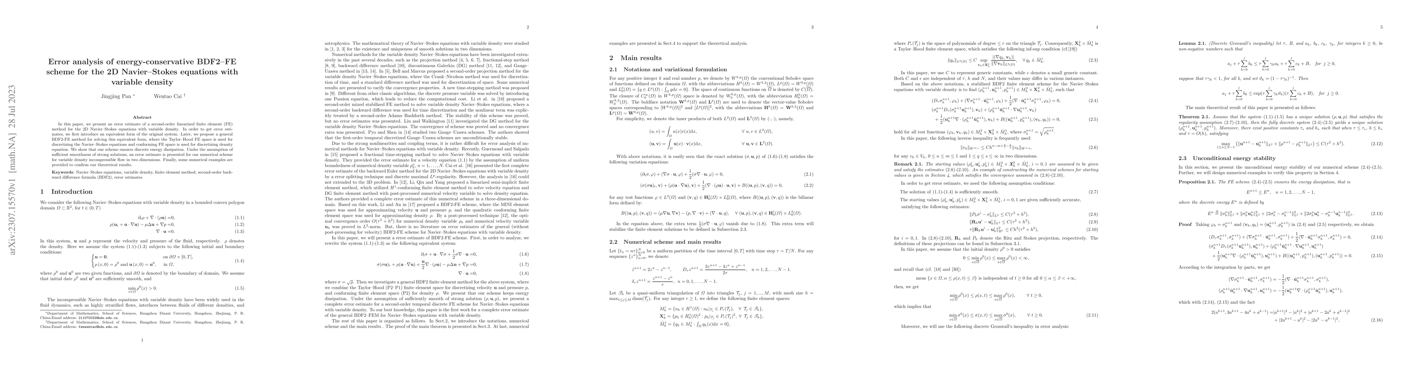Thumbnail for Error analysis of energy-conservative BDF2-FE scheme for the 2D
  Navier-Stokes equations with variable density