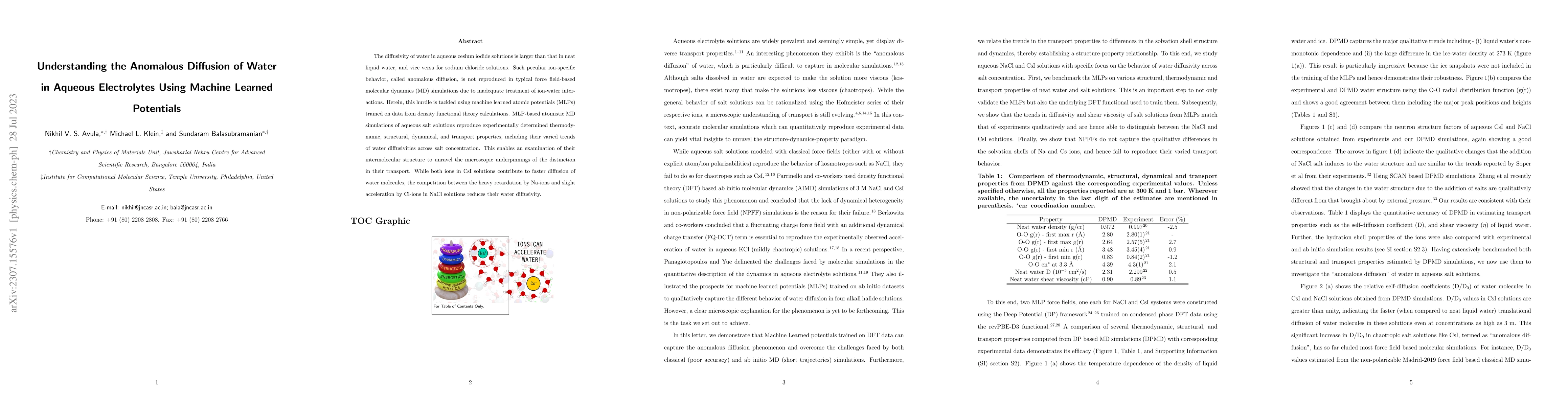 Thumbnail for Understanding the Anomalous Diffusion of Water in Aqueous Electrolytes
  Using Machine Learned Potentials