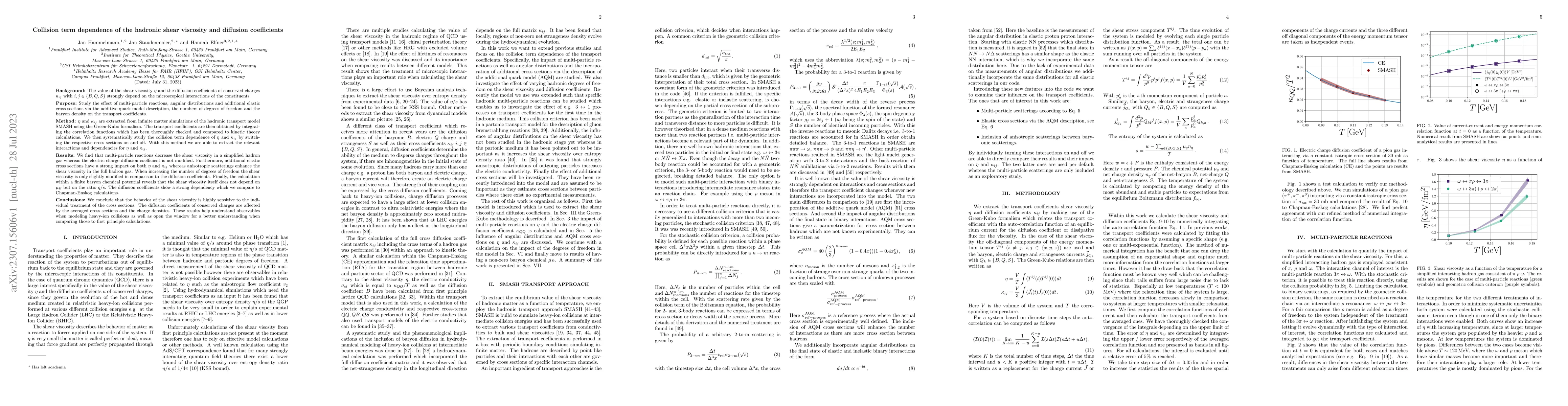 Thumbnail for Collision term dependence of the hadronic shear viscosity and diffusion
  coefficients