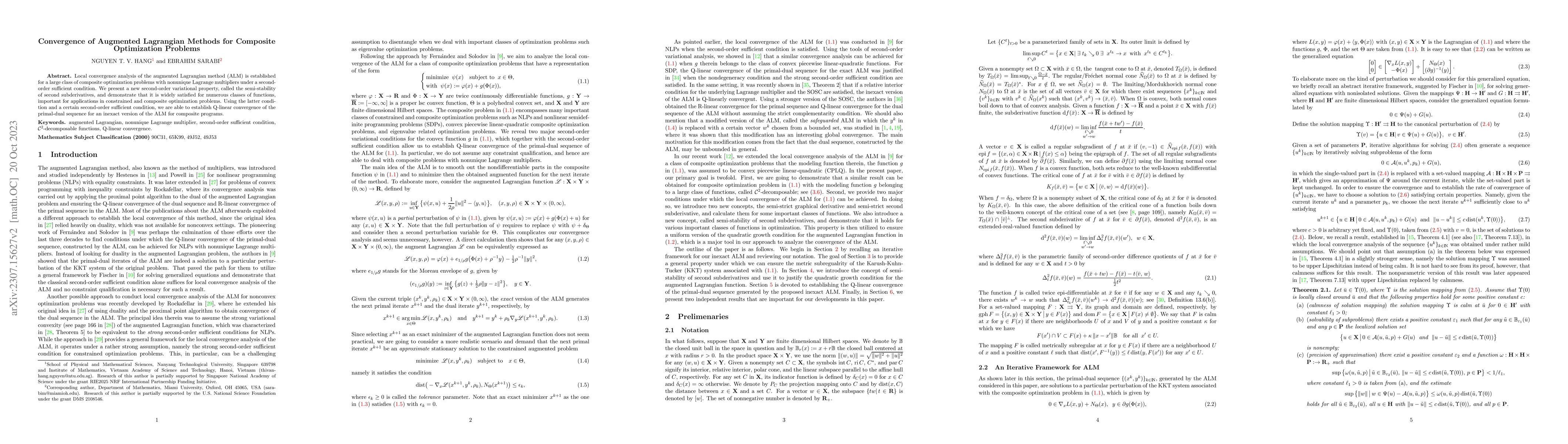 Thumbnail for Convergence of Augmented Lagrangian Methods for Composite Optimization
  Problems