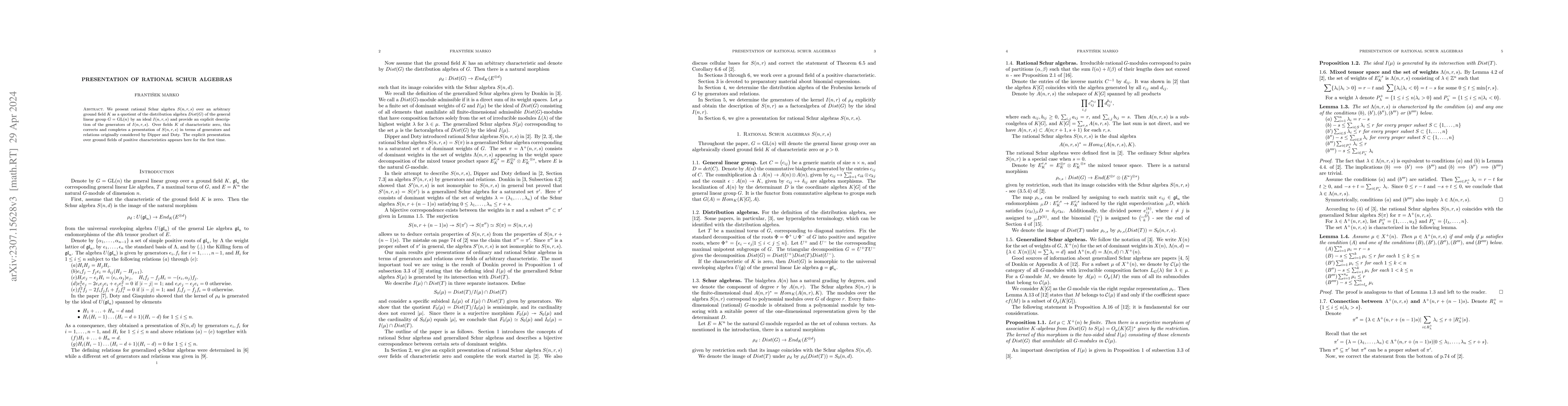 Thumbnail for Presentation of rational Schur algebras