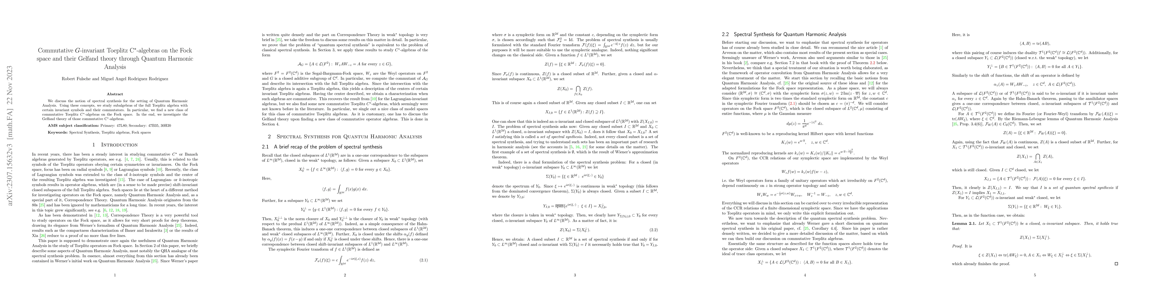 Thumbnail for Commutative $G$-invariant Toeplitz C$^\ast$ algebras on the Fock space
  and their Gelfand theory through Quantum Harmonic Analysis