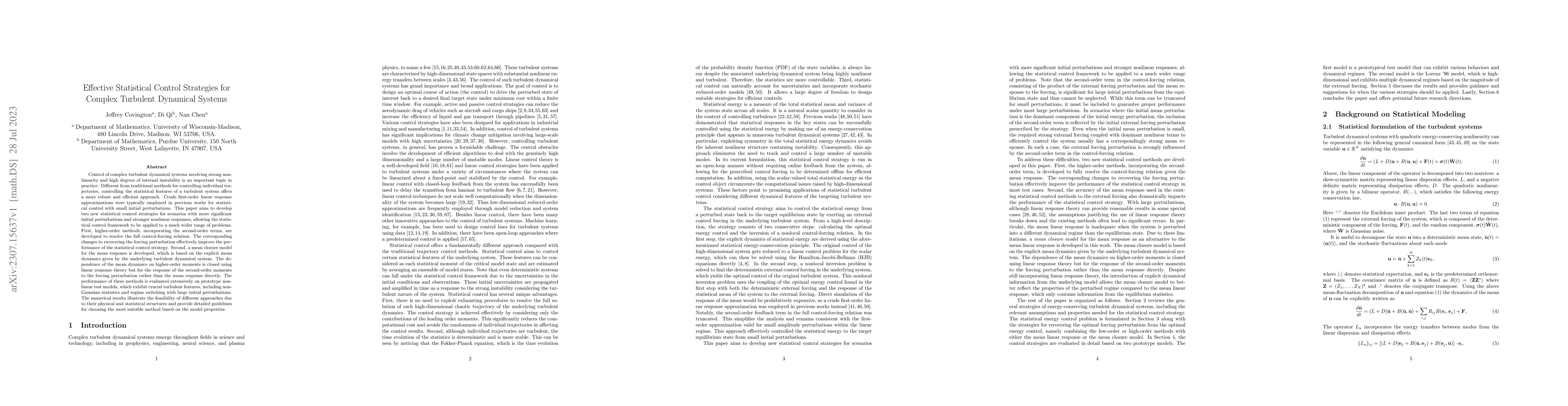 Thumbnail for Effective Statistical Control Strategies for Complex Turbulent Dynamical
  Systems