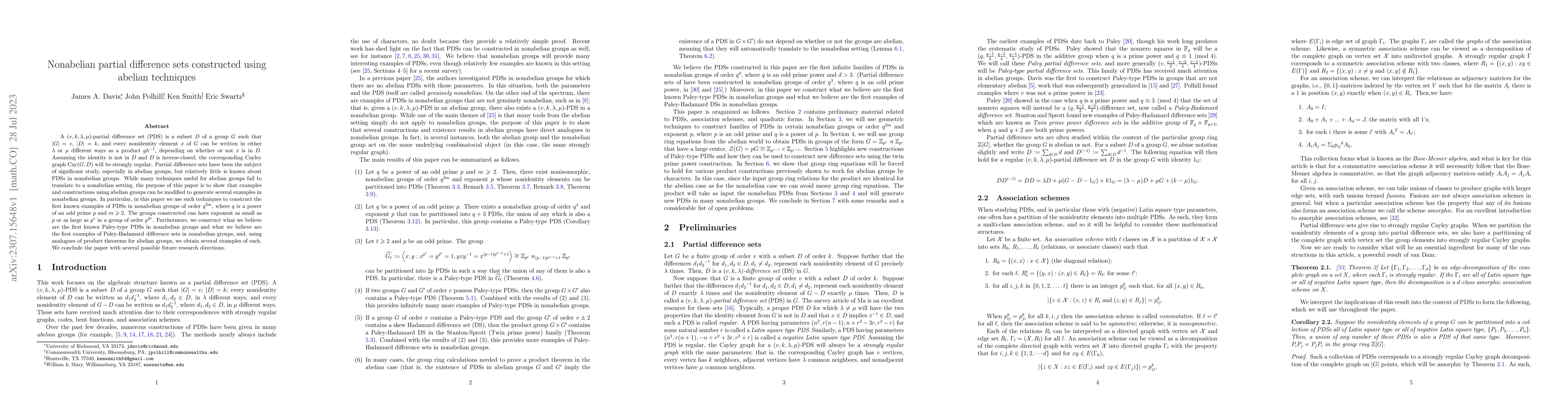Thumbnail for Nonabelian partial difference sets constructed using abelian techniques