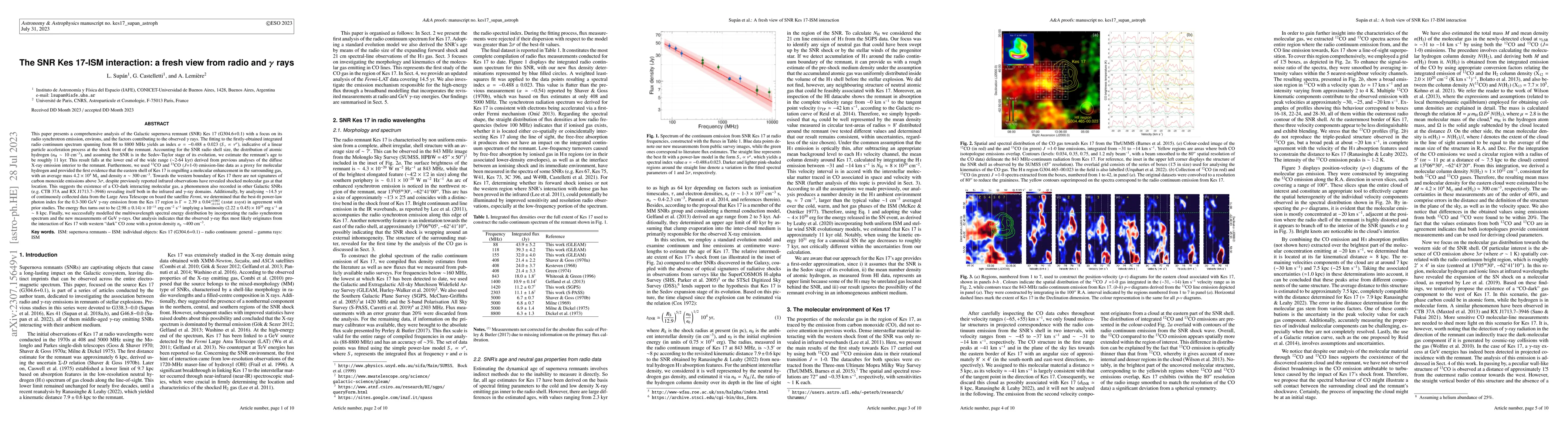 Thumbnail for The SNR Kes 17-ISM interaction: a fresh view from radio and $\gamma$
  rays