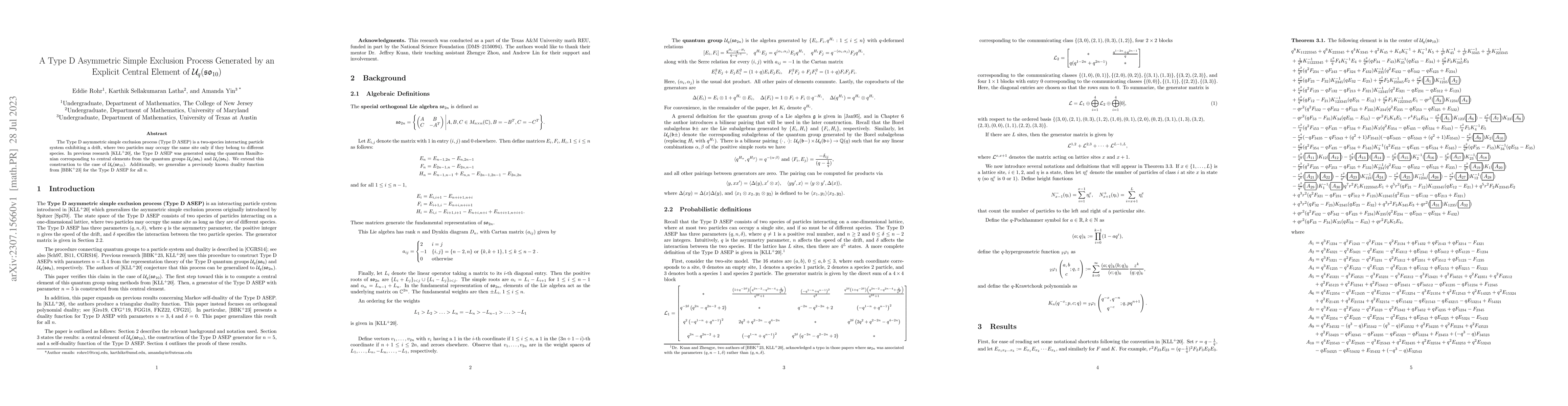 Thumbnail for A Type D Asymmetric Simple Exclusion Process Generated by an Explicit
  Central Element of $\mathcal{U}_q(\mathfrak{so}_{10})$