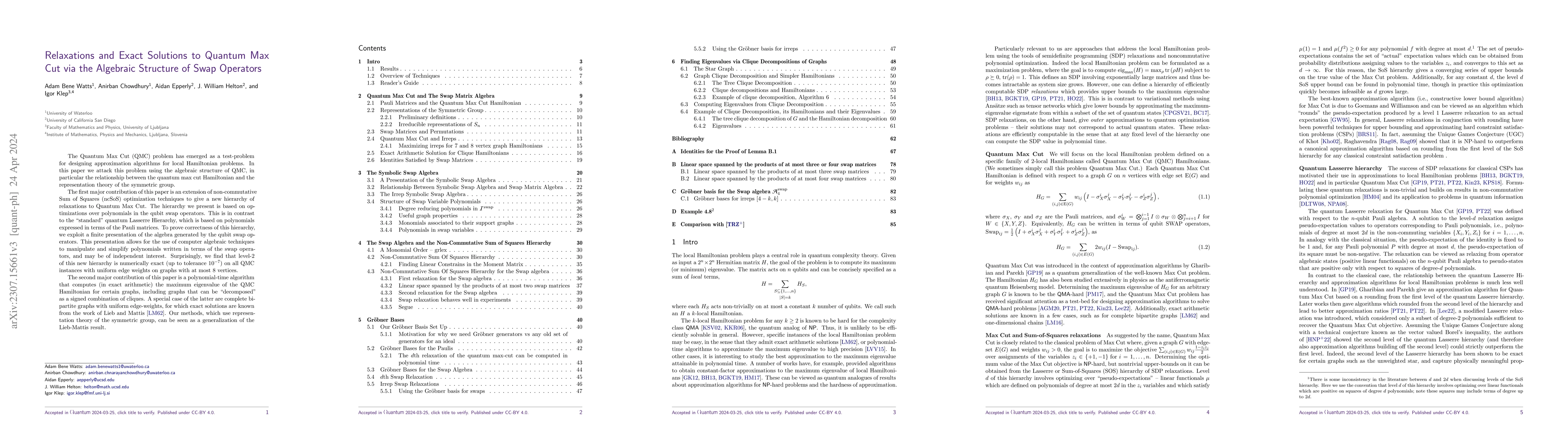 Thumbnail for Relaxations and Exact Solutions to Quantum Max Cut via the Algebraic
  Structure of Swap Operators