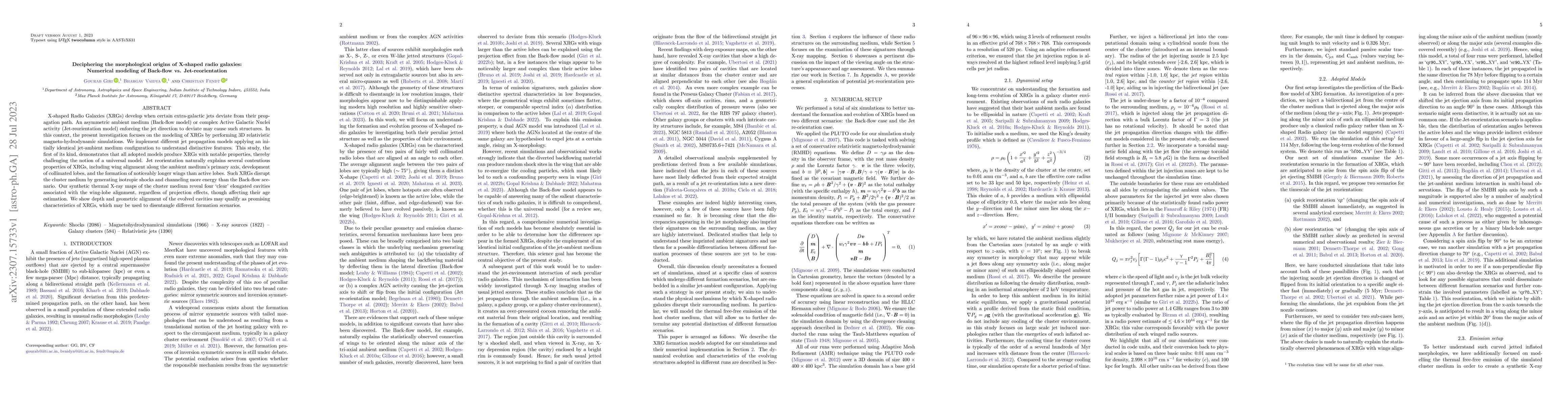 Thumbnail for Deciphering the morphological origins of X-shaped radio galaxies:
  Numerical modeling of Back-flow vs. Jet-reorientation