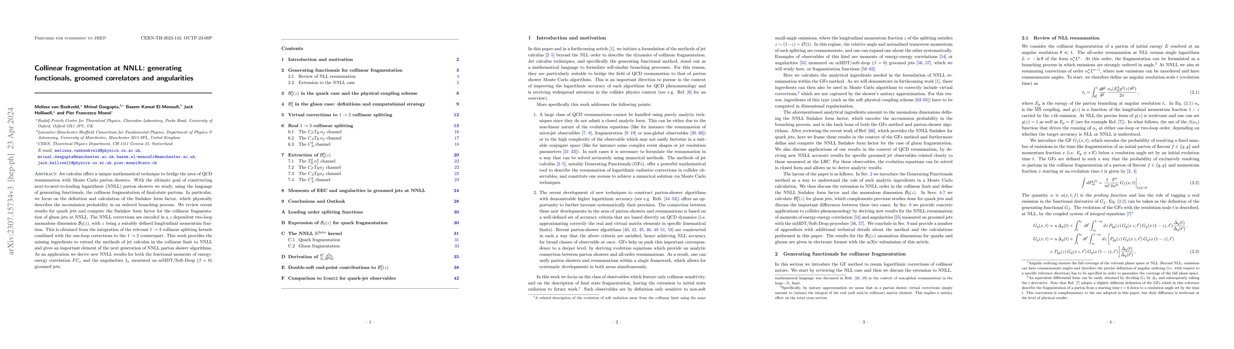 Thumbnail for Collinear fragmentation at NNLL: generating functionals, groomed
  correlators and angularities