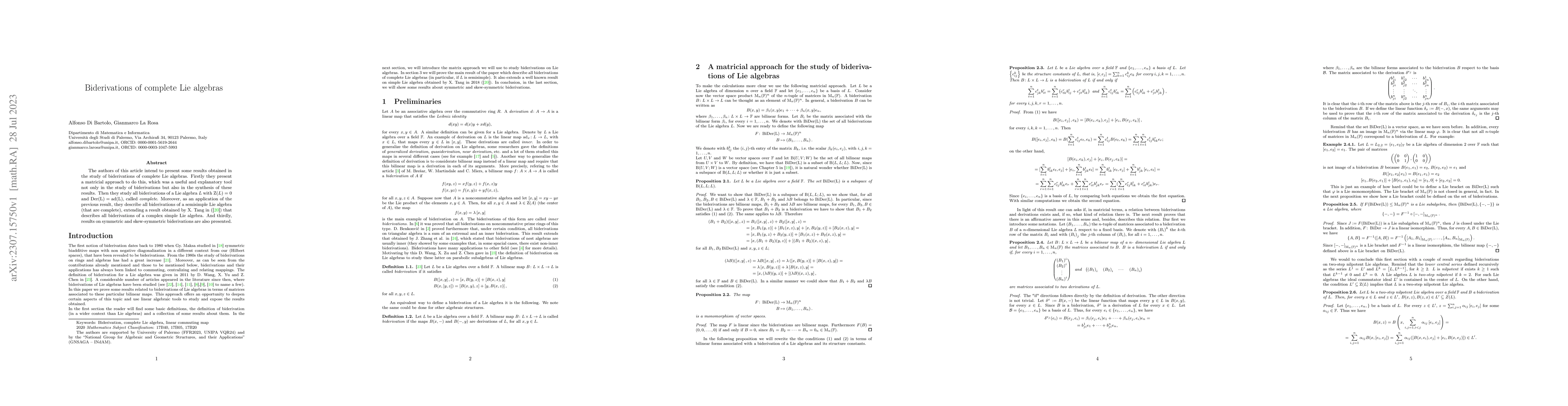 Thumbnail for Biderivations of complete Lie algebras
