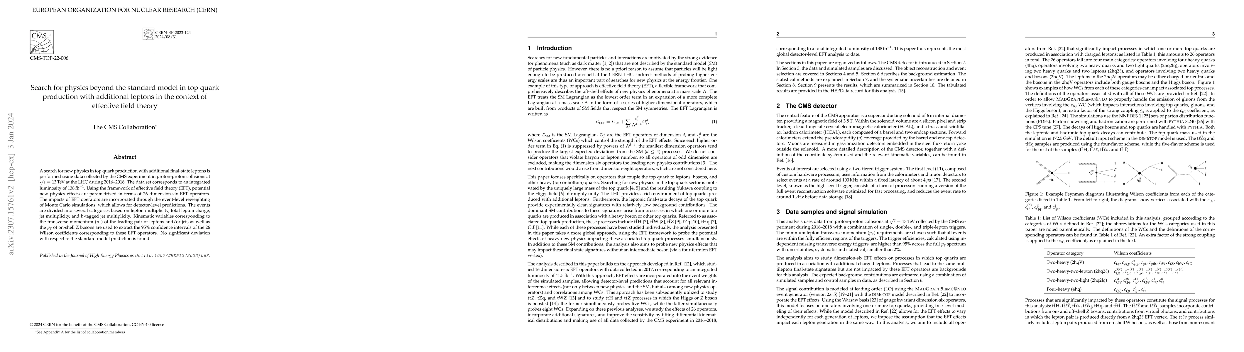 Thumbnail for Search for physics beyond the standard model in top quark production
  with additional leptons in the context of effective field theory
