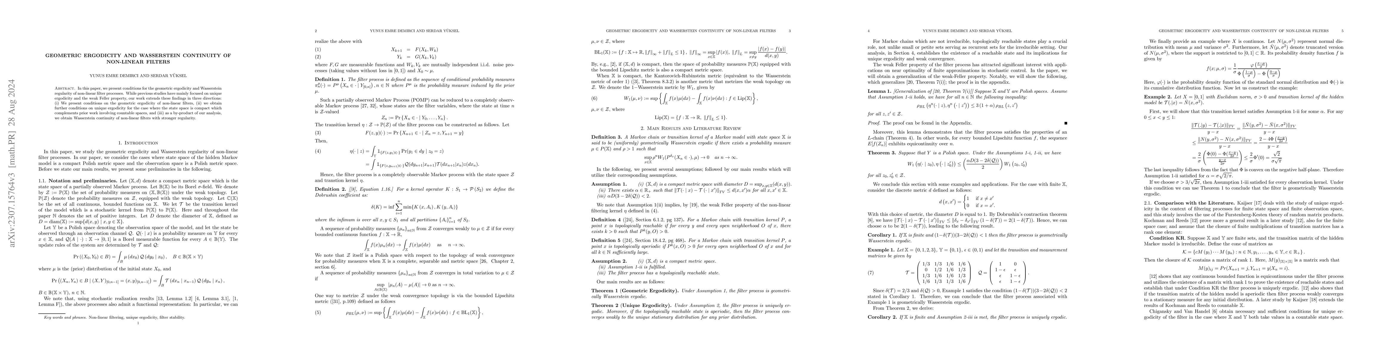 Thumbnail for Geometric Ergodicity and Wasserstein Continuity of Non-Linear Filters