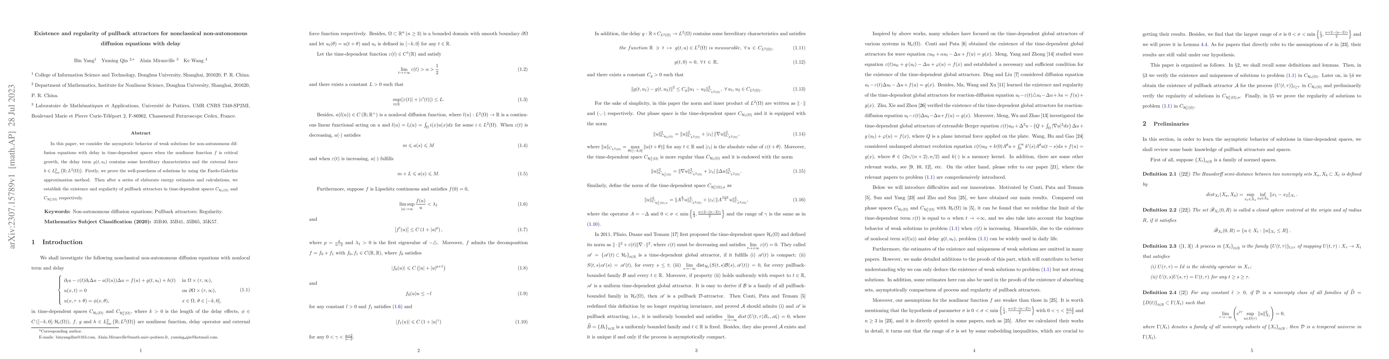 Thumbnail for Existence and regularity of pullback attractors for nonclassical
  non-autonomous diffusion equations with delay