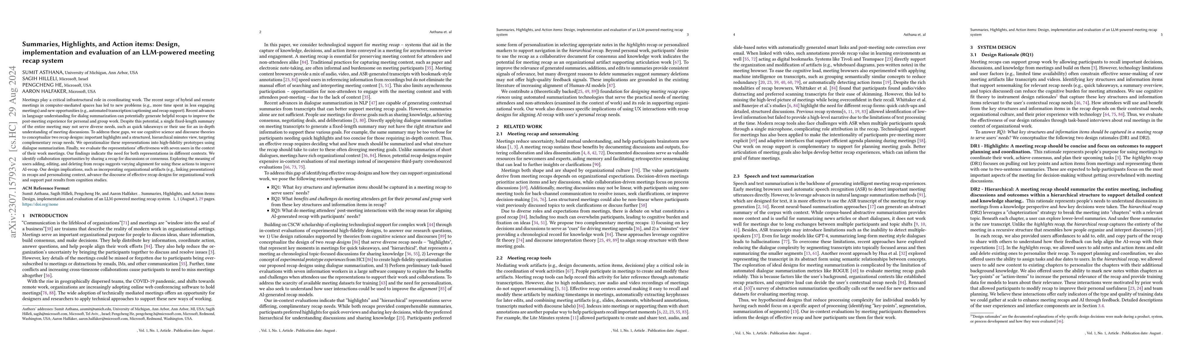 Thumbnail for Summaries, Highlights, and Action items: Design, implementation and
  evaluation of an LLM-powered meeting recap system