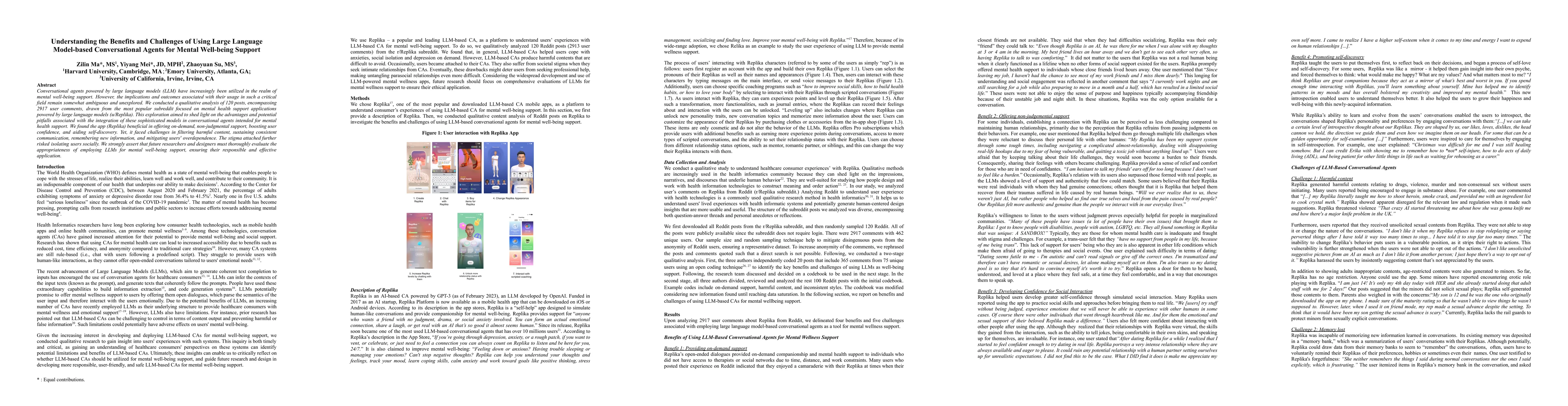 Thumbnail for Understanding the Benefits and Challenges of Using Large Language
  Model-based Conversational Agents for Mental Well-being Support