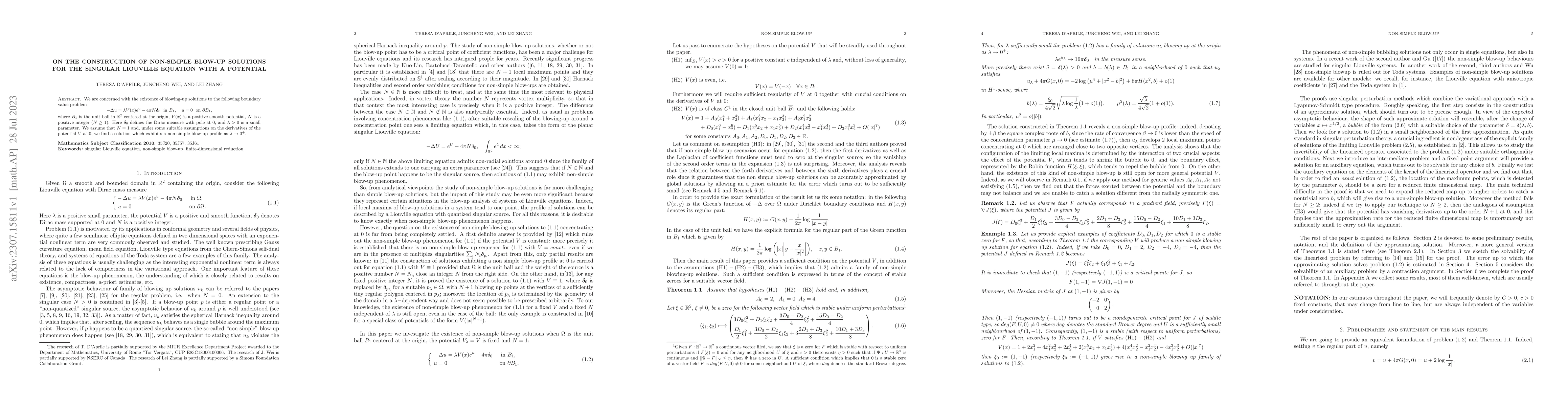 Thumbnail for On the construction of non-simple blow-up solutions for the singular
  Liouville equation with a potential