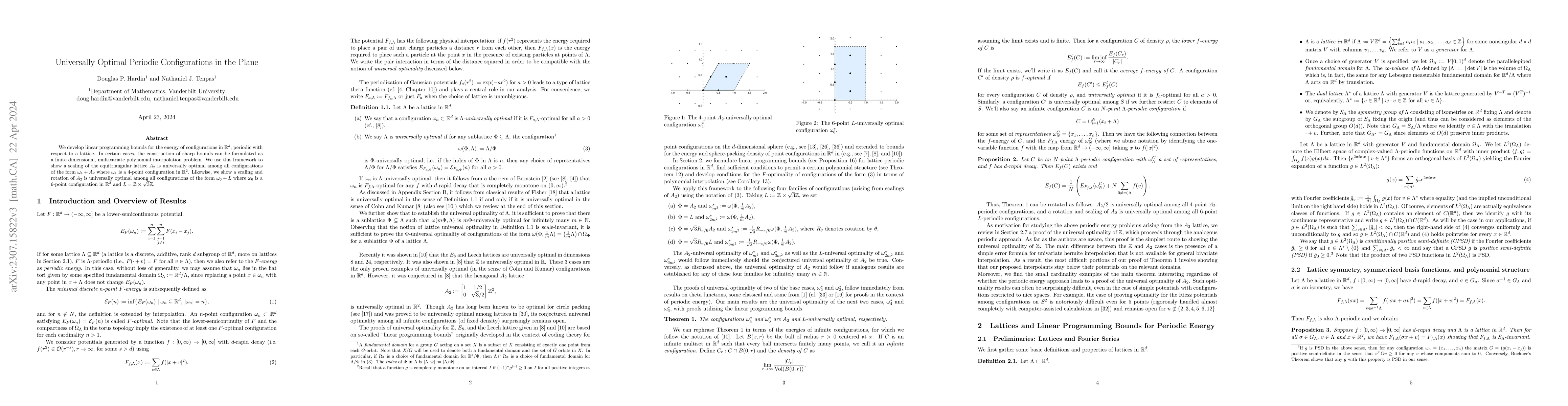 Thumbnail for Universally Optimal Periodic Configurations in the Plane