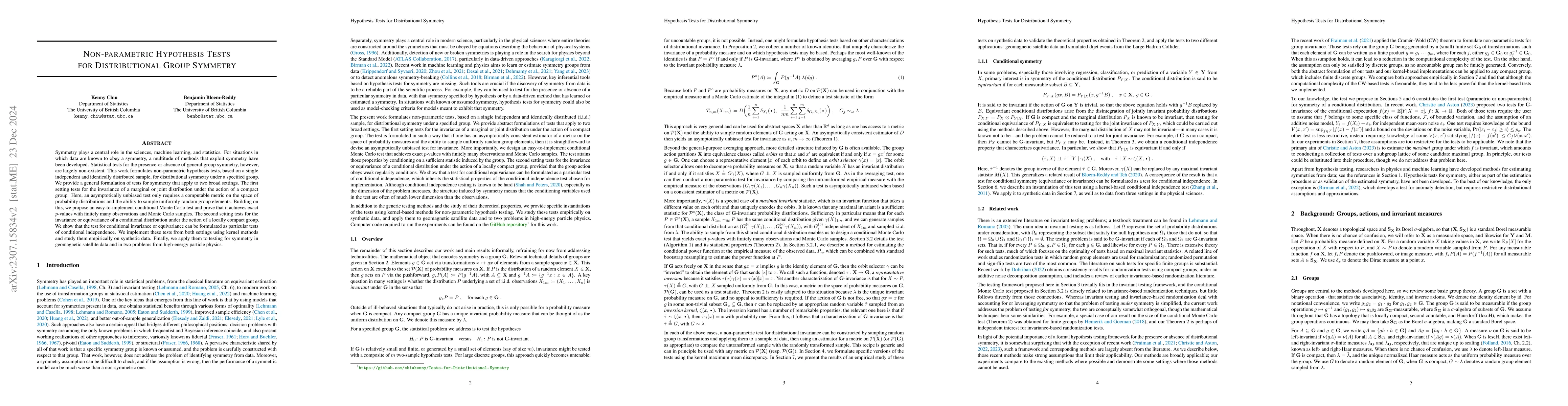 Thumbnail for Non-parametric Hypothesis Tests for Distributional Group Symmetry
