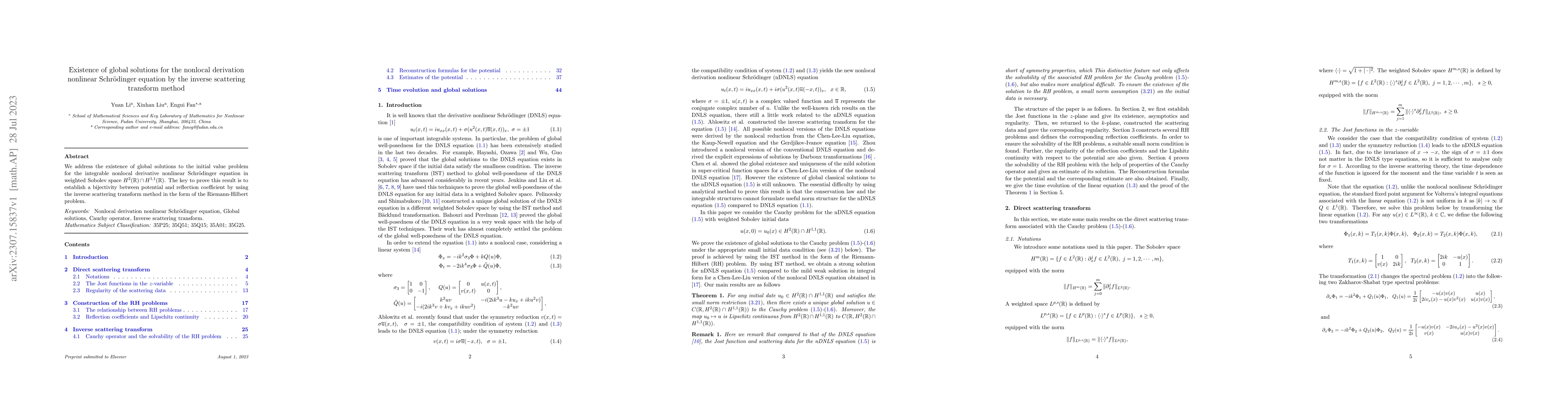 Thumbnail for Existence of global solutions for the nonlocal derivation nonlinear
  Schr\"{o}dinger equation by the inverse scattering transform method