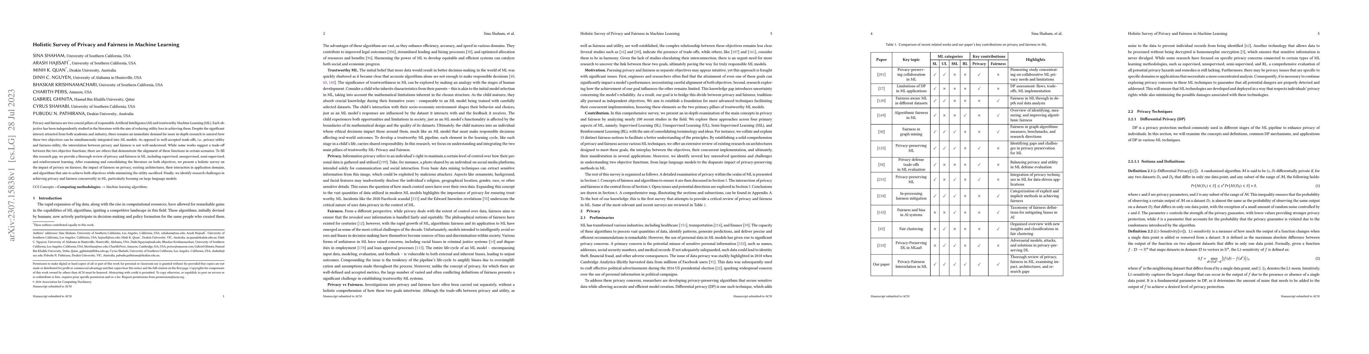 Thumbnail for Holistic Survey of Privacy and Fairness in Machine Learning
