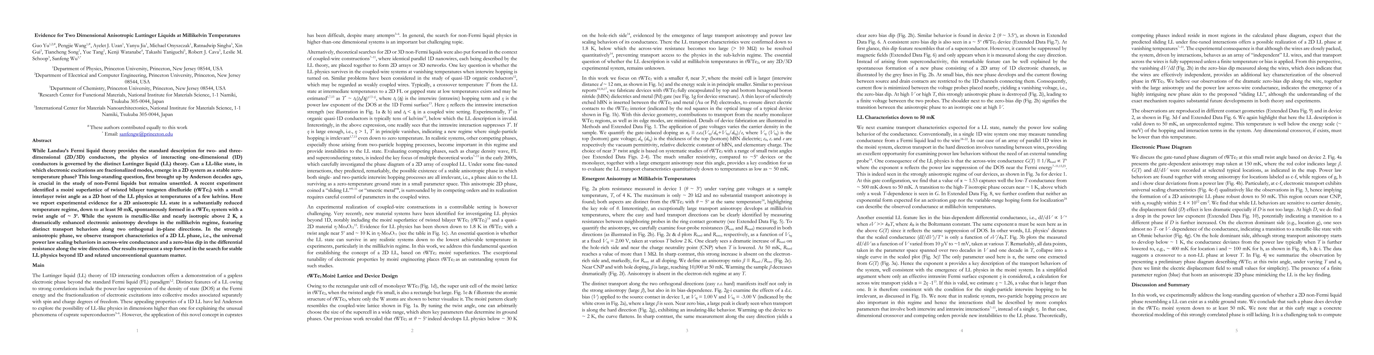 Thumbnail for Evidence for Two Dimensional Anisotropic Luttinger Liquids at
  Millikelvin Temperatures