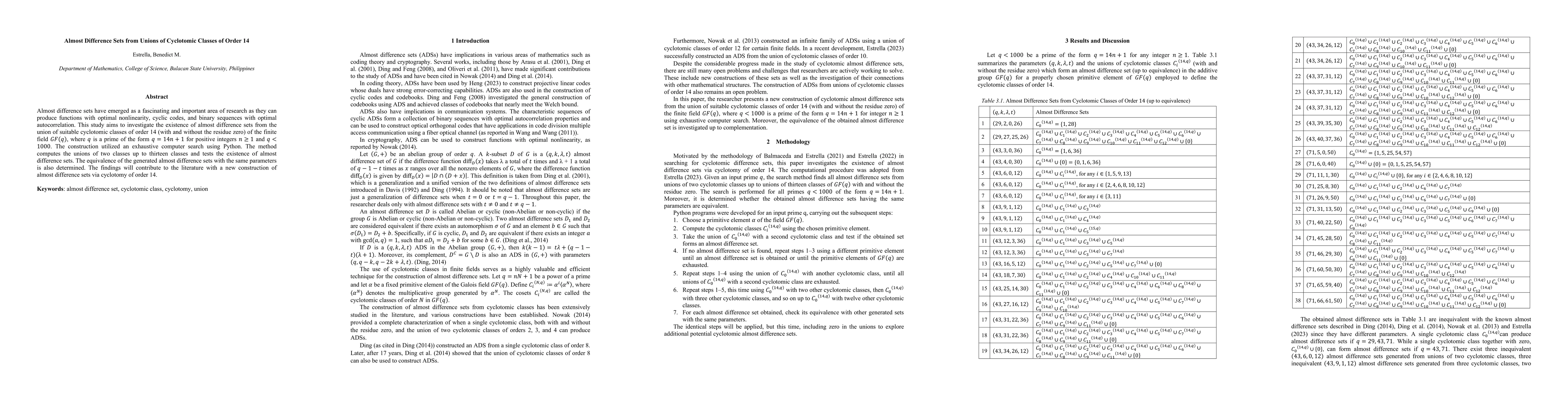Thumbnail for Almost Difference Sets from Unions of Cyclotomic Classes of Order 14