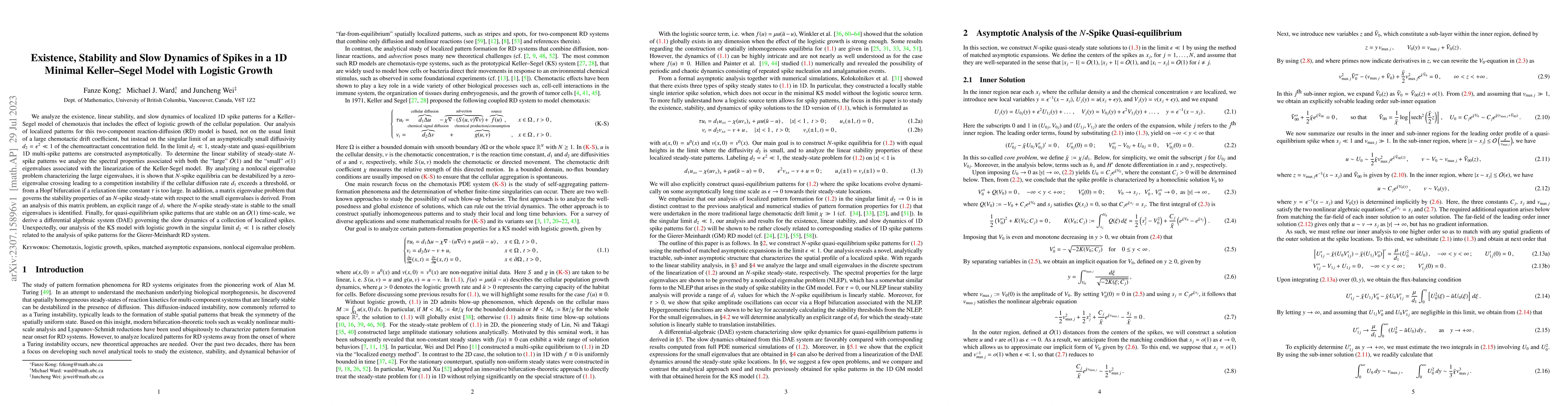 Thumbnail for Existence, Stability and Slow Dynamics of Spikes in a 1D Minimal
  Keller--Segel Model with Logistic Growth