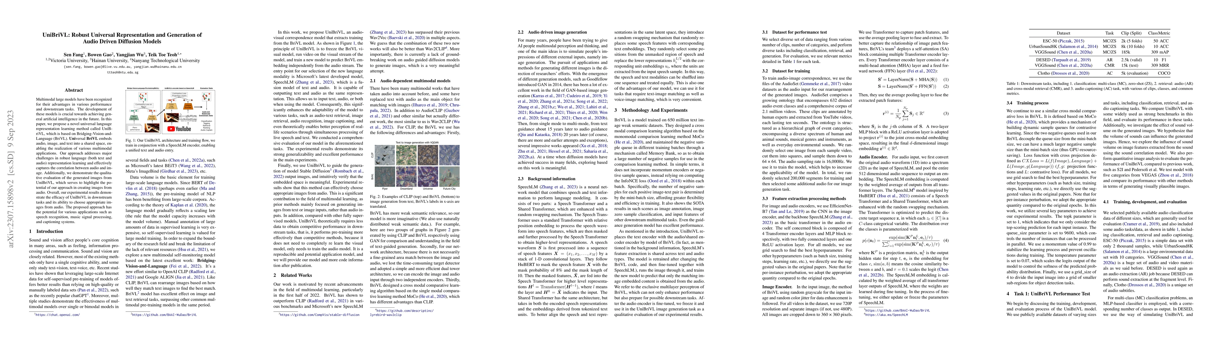 Thumbnail for UniBriVL: Robust Universal Representation and Generation of Audio Driven
  Diffusion Models
