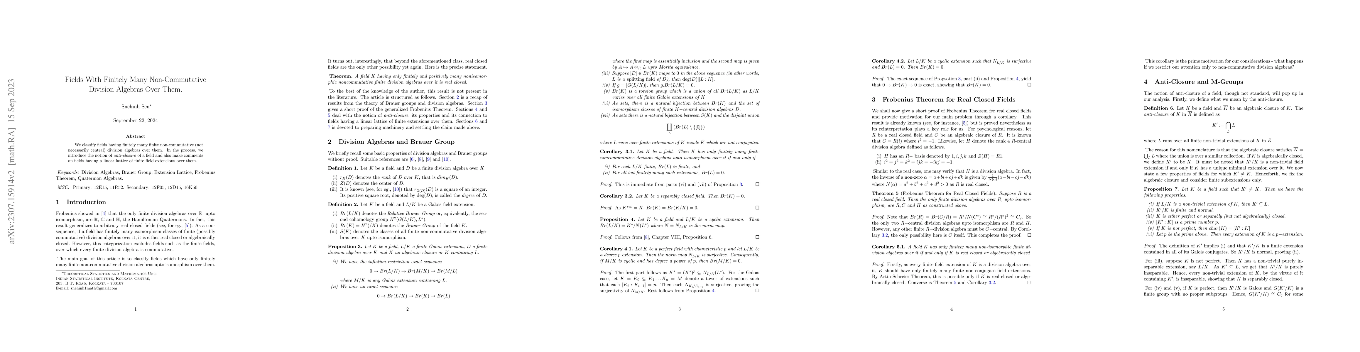 Thumbnail for Fields With Finitely Many Non-Commutative Division Algebras Over Them