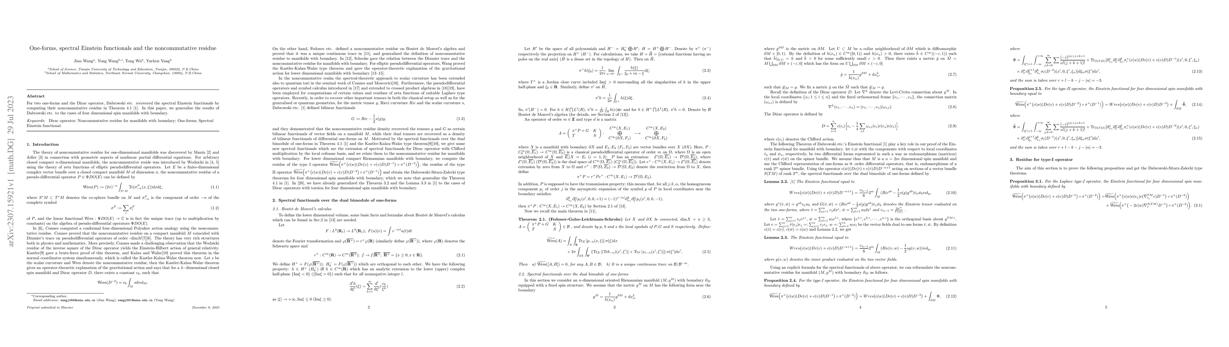 Thumbnail for One-forms, spectral Einstein functionals and the noncommutative residue