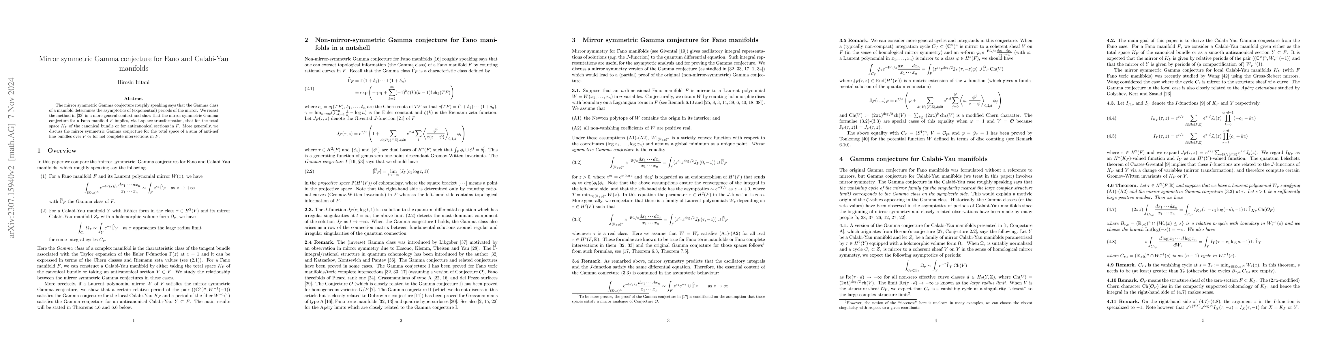 Thumbnail for Mirror symmetric Gamma conjecture for Fano and Calabi-Yau manifolds