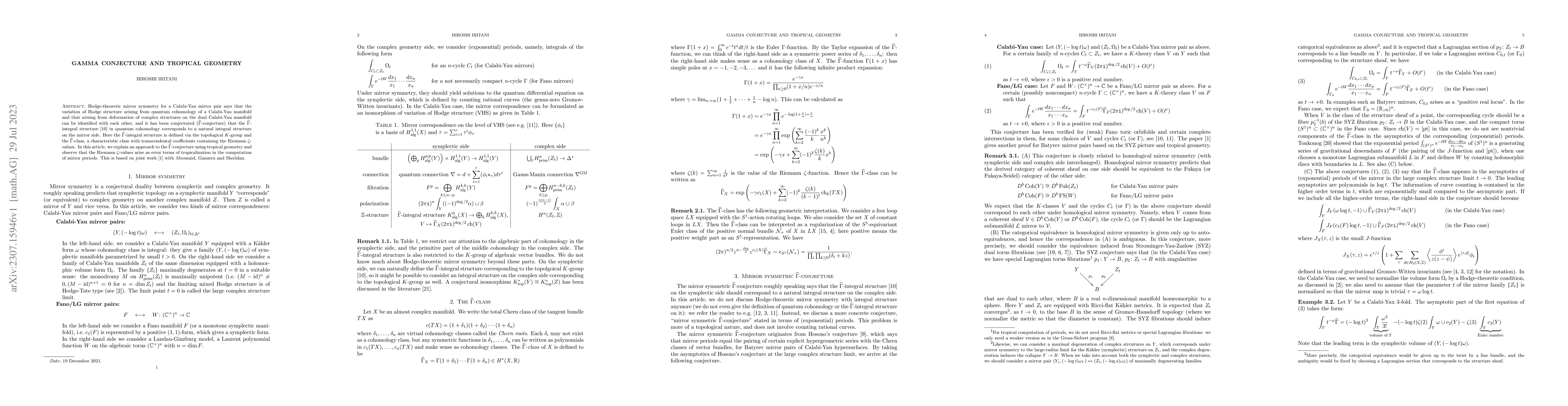 Thumbnail for Gamma conjecture and tropical geometry