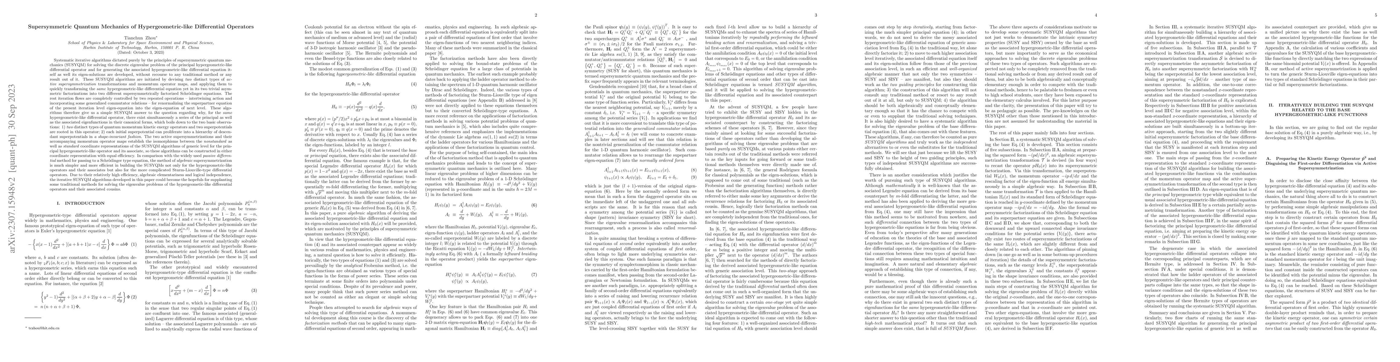 Thumbnail for Supersymmetric Quantum Mechanics of Hypergeometric-like Differential
  Operators