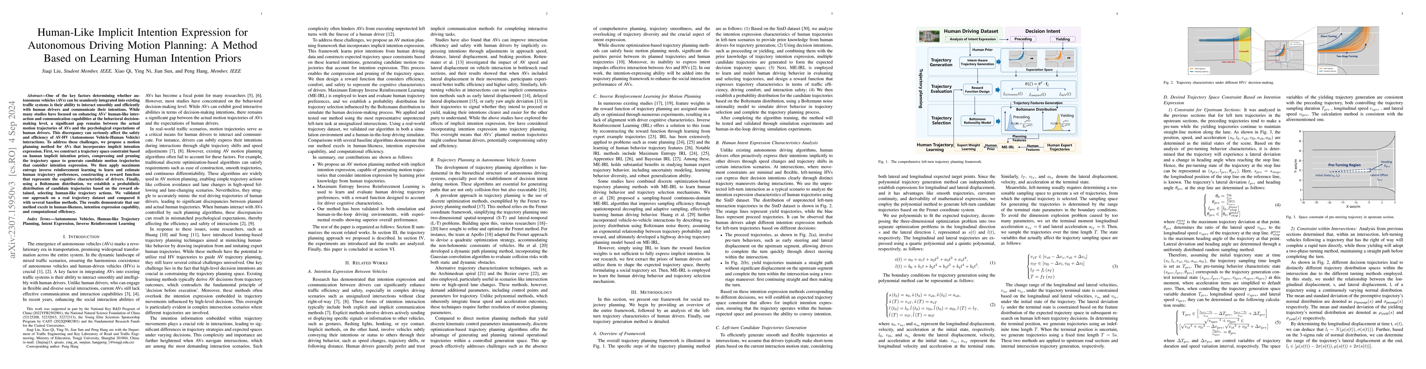 Thumbnail for Teaching Autonomous Vehicles to Express Interaction Intent during
  Unprotected Left Turns: A Human-Driving-Prior-Based Trajectory Planning
  Approach