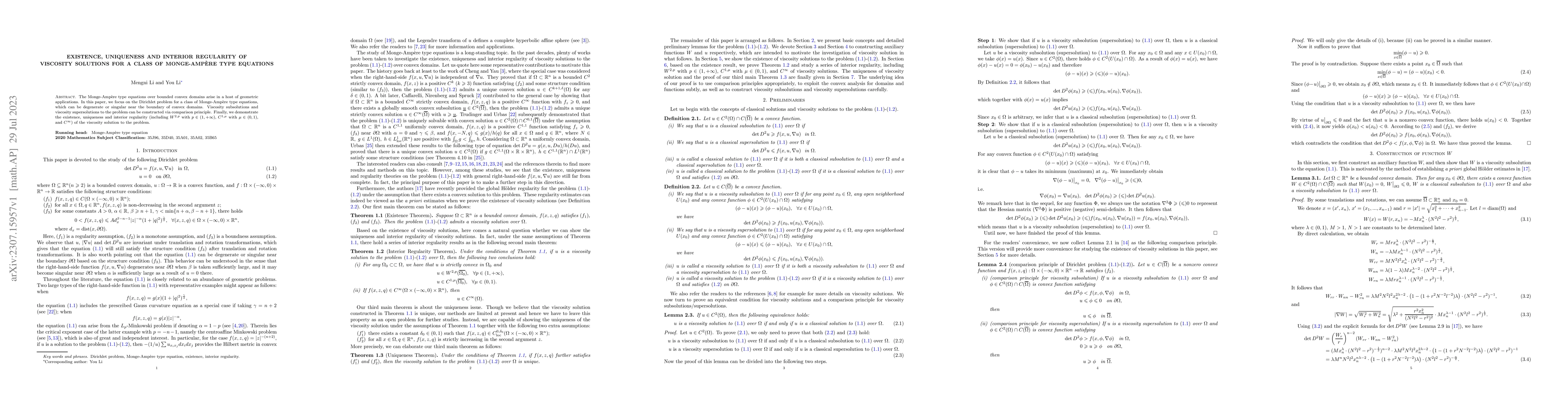Thumbnail for Existence, uniqueness and interior regularity of viscosity solutions for
  a class of Monge-Amp\`ere type equations