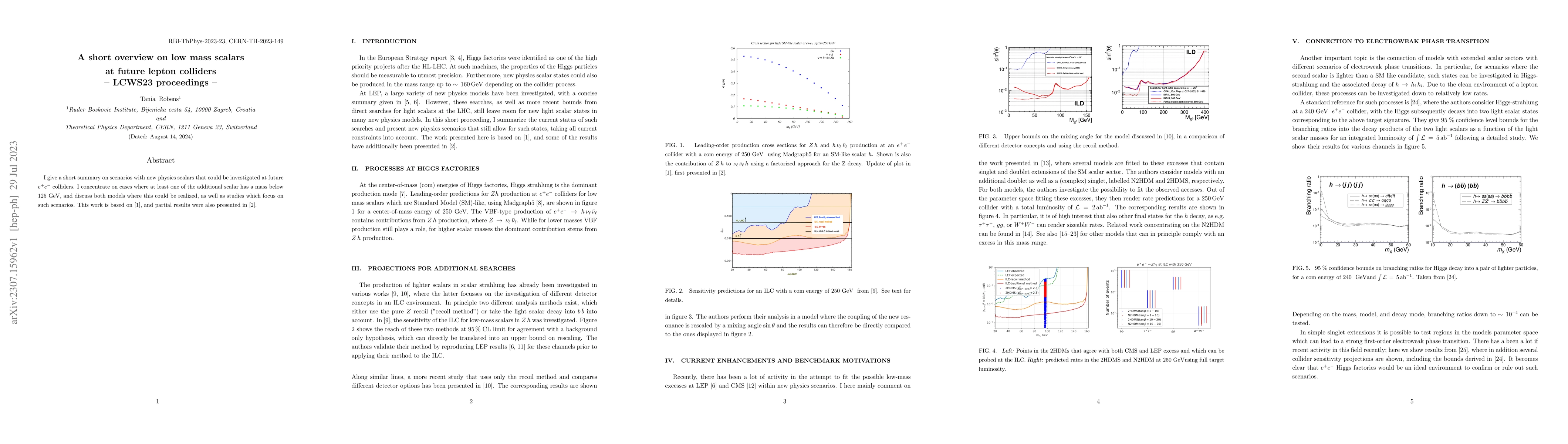 Thumbnail for A short overview on low mass scalars at future lepton colliders --
  LCWS23 proceedings