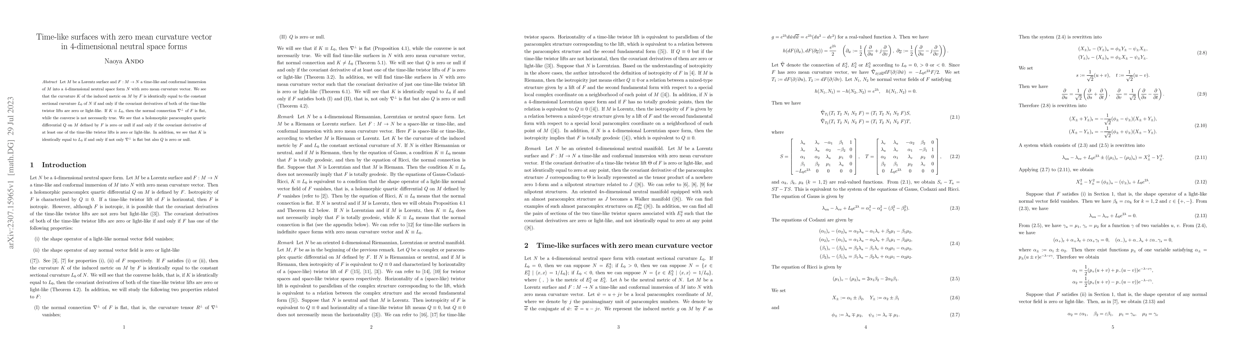Thumbnail for Time-like surfaces with zero mean curvature vector in 4-dimensional
  neutral space forms