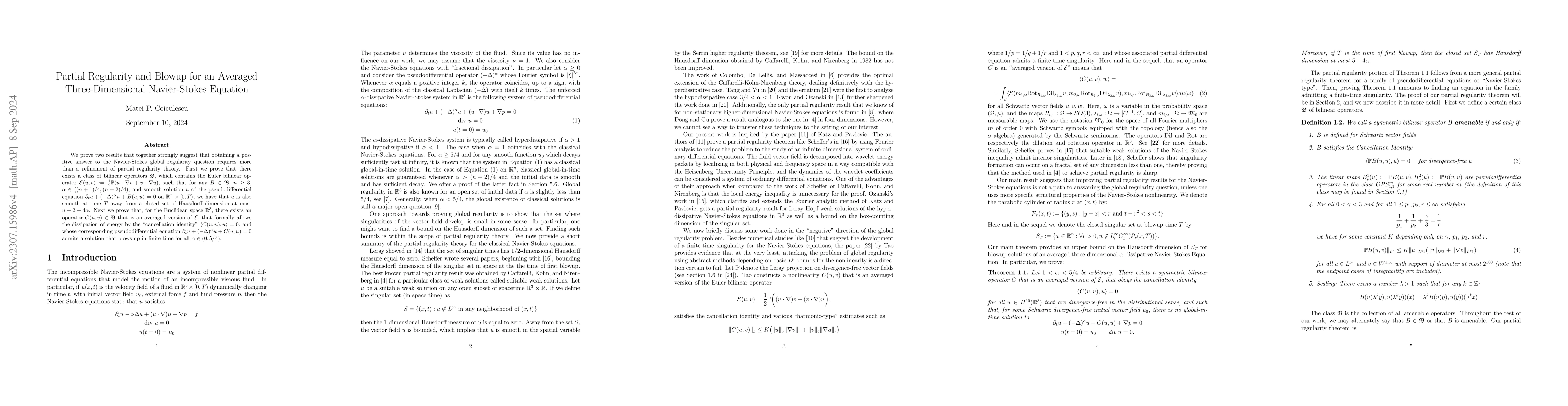 Thumbnail for Partial Regularity and Blowup for an Averaged Three-Dimensional
  Navier-Stokes Equation