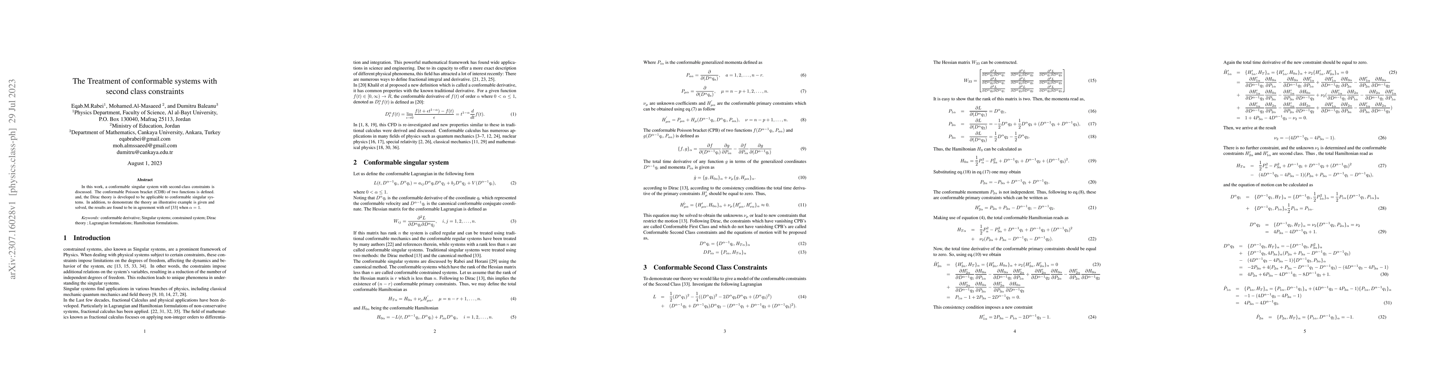 Thumbnail for The Treatment of conformable systems with second class constraints