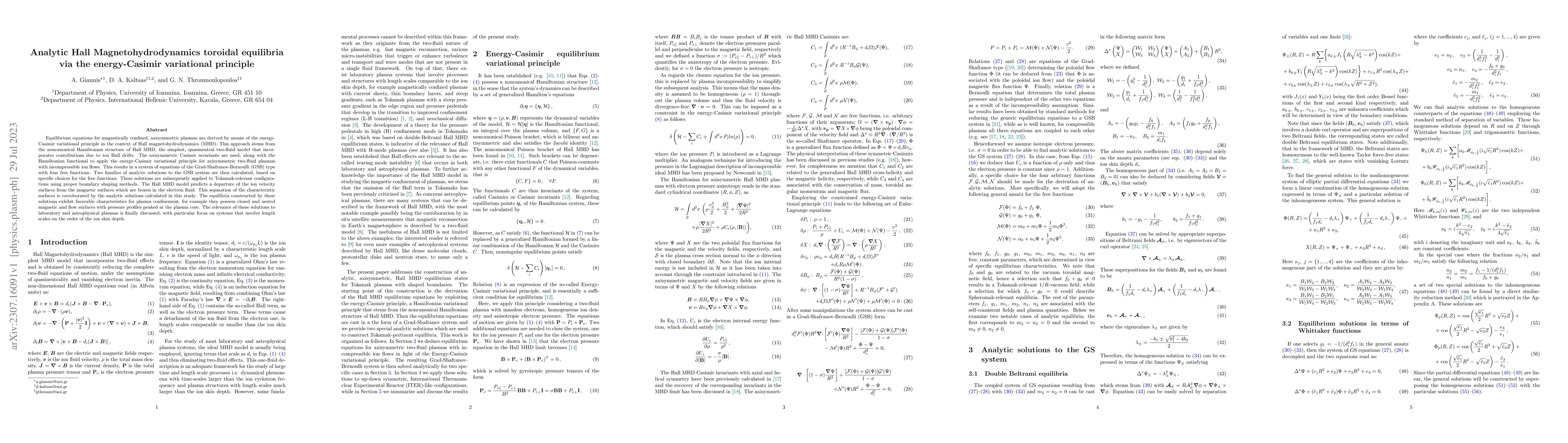 Thumbnail for Analytic Hall Magnetohydrodynamics toroidal equilibria via the
  energy-Casimir variational principle