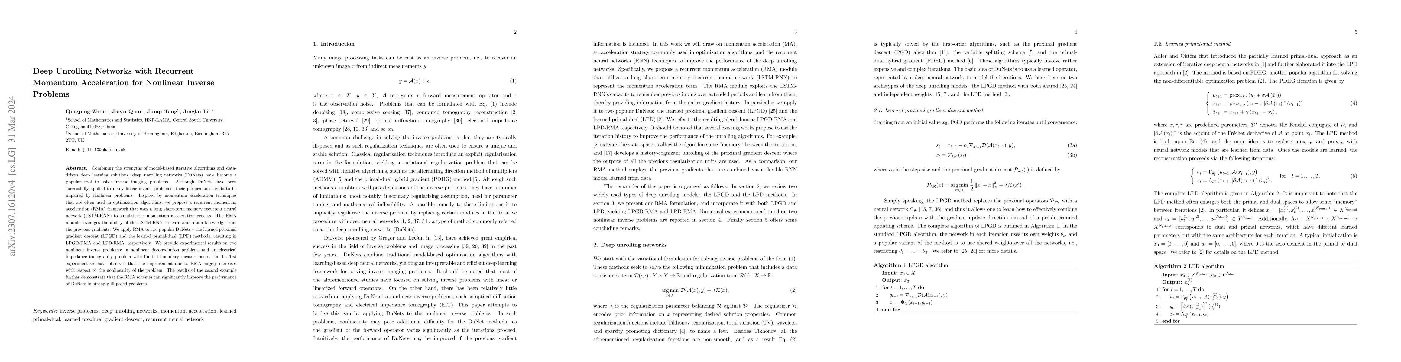Thumbnail for Deep Unrolling Networks with Recurrent Momentum Acceleration for
  Nonlinear Inverse Problems