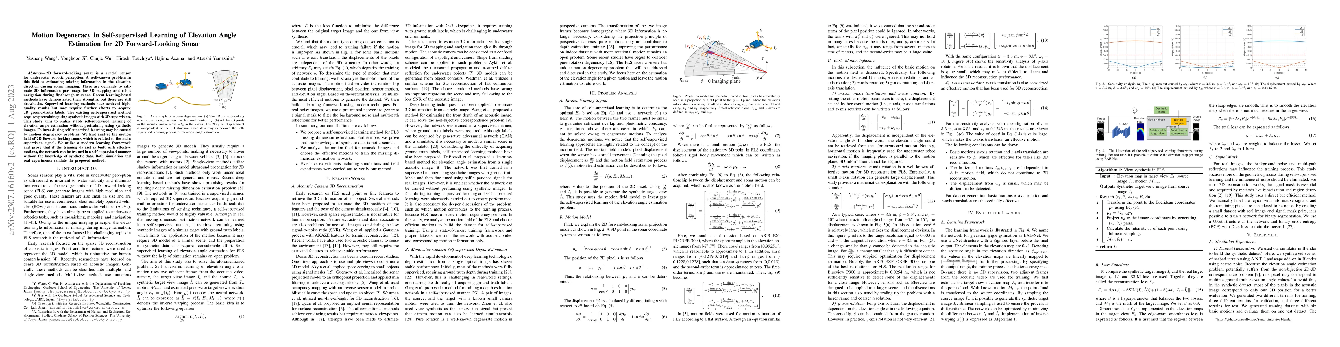 Thumbnail for Motion Degeneracy in Self-supervised Learning of Elevation Angle
  Estimation for 2D Forward-Looking Sonar